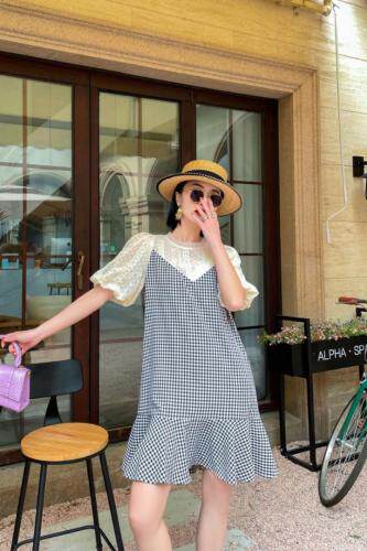 网纱拼格子连衣裙，女装连衣裙，艾梵煕尔