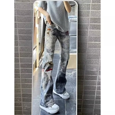 破洞牛仔裤男女设计感小众复古显瘦做旧涂鸦垂感直筒裤AAM103P59，男装牛仔裤，星座1013-5