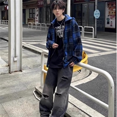 C300-P53美式哥特风蓝格连帽衬衫男女春秋季潮牌高街拉链宽松，男装衬衫，电商B323A
