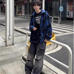 C300-P53 美式哥特风蓝格连帽衬衫男女春秋季潮牌高街拉链宽松图片