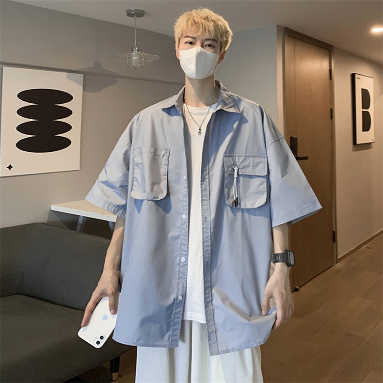 短袖衬衫男日系复古工装口袋衬衣潮牌宽松休闲外套CS01260-P38,男装衬衫,星座308B-2