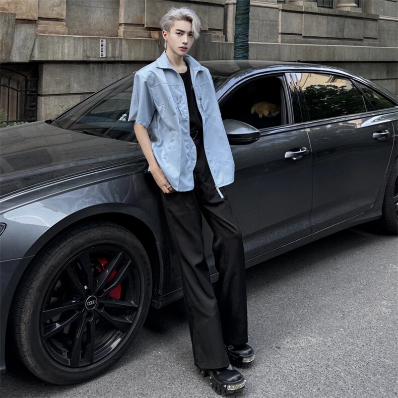 （自家图）红色拉链垫肩短袖衬衫男夏季薄衬衣小众2301-P38,男装衬衫,星座910-5