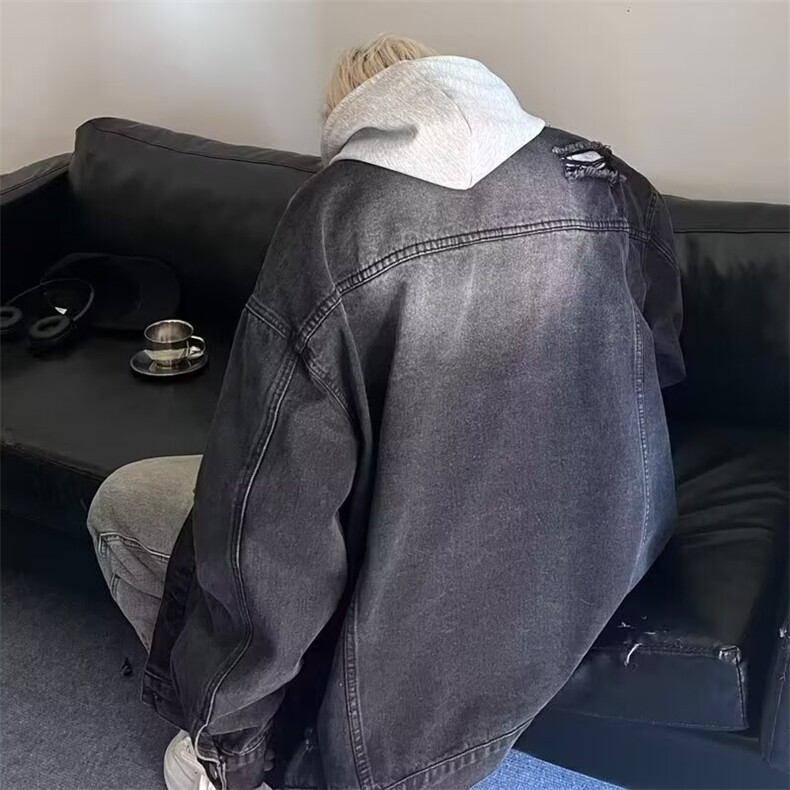 牛仔布复古高街牛仔外套男秋季渐变夹克水洗翻领青少年常规款春秋,男装工装外套,星座1013