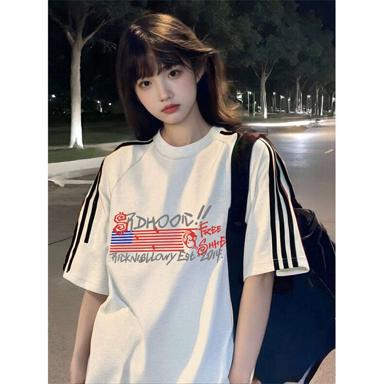 抖音得物高品质二开240克宽松纯棉美式潮牌三条杠织带短袖T恤,男装T恤,电商A486