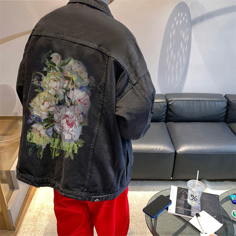 男装牛仔外套 2026秋季油画花朵印花男生翻领夹克XZ514-2-N93-P88图片