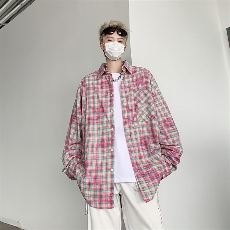 格子衬衫男女同款ins潮牌宽松痞帅长袖格纹衬衣帅气防晒HJ05/P48,男装防晒衣,星座506