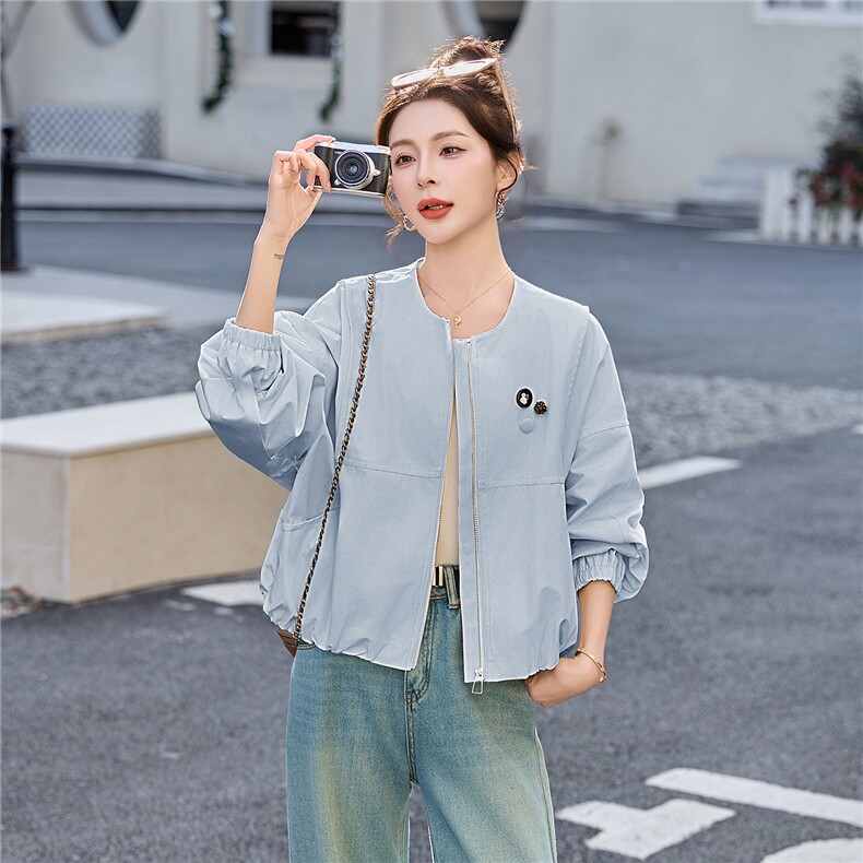 短款外套女2026春季新款圆领宽松小个子百搭休闲夹克上衣,女装短外套,恋慕依尚