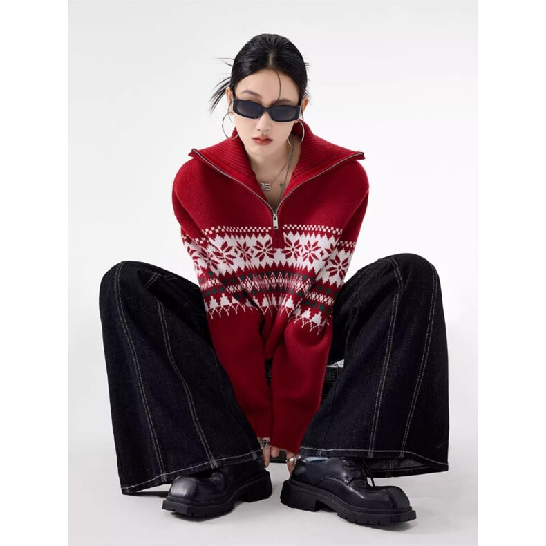 1506-1/MM2741/P62美式复古费提花半拉链高领针织衫男女宽松休闲，男装针织衫/毛衣，星座1506-1