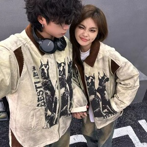 美式高街翻领棉服男女款秋冬季新款复古宽松加厚保暖棉衣情侣外套图片