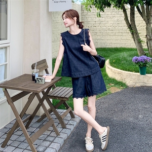 藏青色盐系一整套蕾丝花边牛仔套装女2025夏季新款背心短裤两件套图片