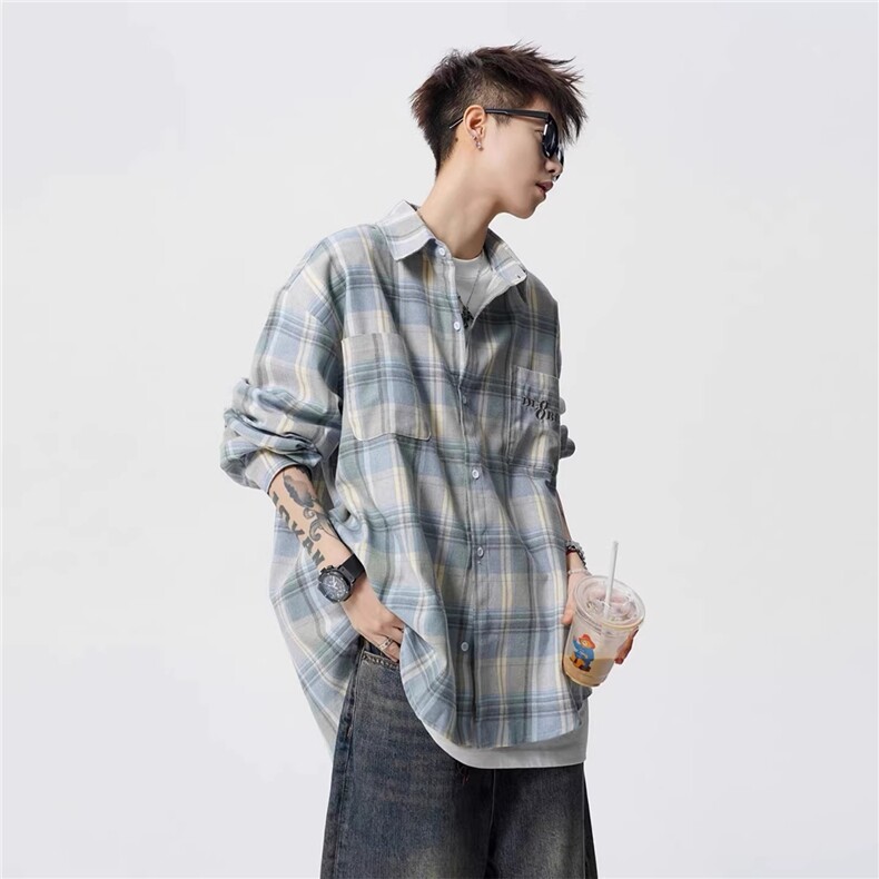 格子长袖衬衫男春秋潮牌刺绣休闲衬衣美式高街情侣款上衣DX22P42,男装衬衫,星座1013-5