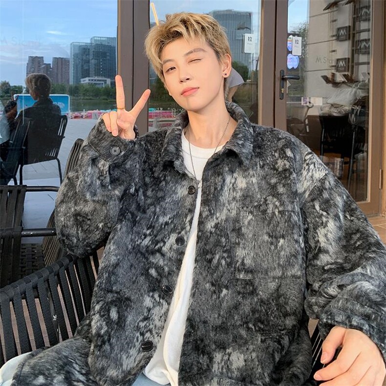 抓毛绒感外套男扎染高街时尚毛呢夹克J2648特P50J2648J加绒特P60,男装夹克,电商A001-1