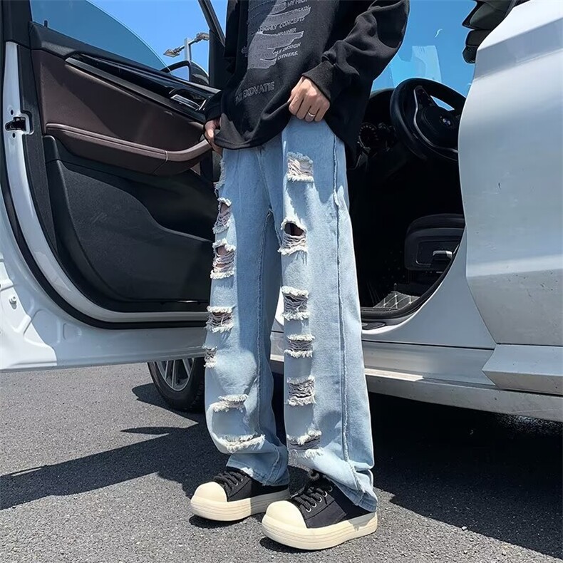 夏季破洞牛仔裤男女显瘦宽松直筒阔腿vibe乞丐拖地裤子N7054,男装牛仔裤,星座1116A-1（原606A）