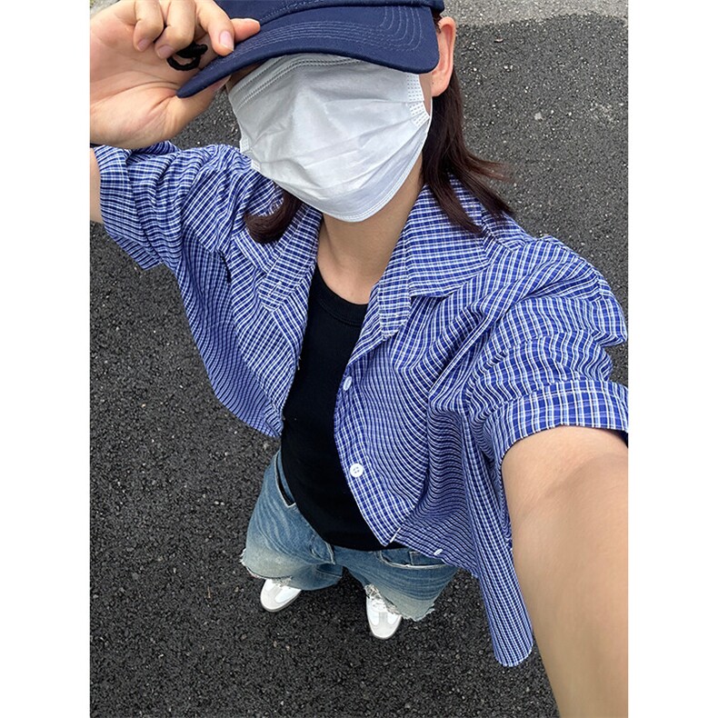 格子衬衫春夏美式短袖衬衫港风情侣装休闲衬衣 CS286-P30图片