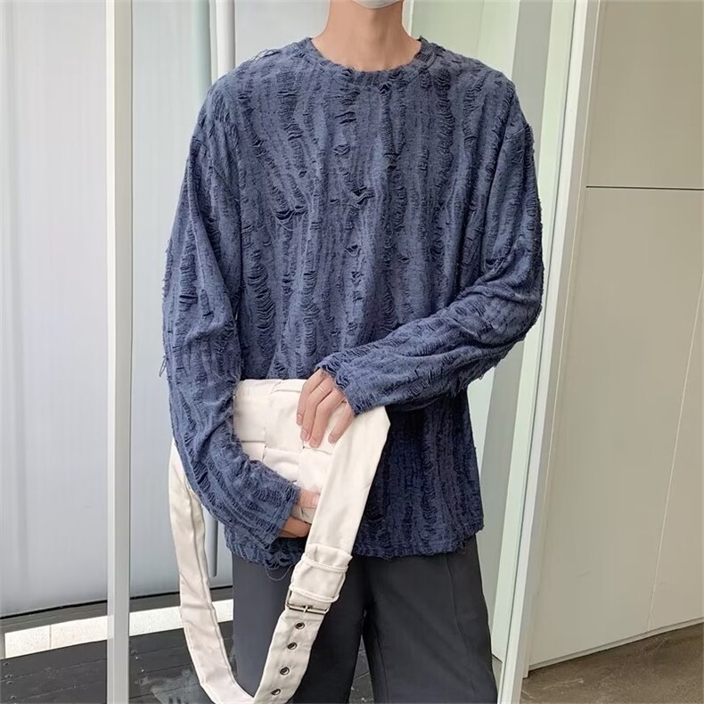 JY264-P36男装港风秋款长袖圆领T恤宽松休闲炸街破洞上衣潮网图,男装T恤,星座1501-3