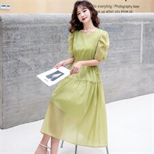 2026年夏季新款时尚气质潮流简约纯色大方抽绳优雅中长连衣裙，女装连衣裙，尚洛菲