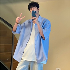 A450-CS543-P55控价79纯色日系港风高街短袖衬衫宽松，男装衬衫，电商A450