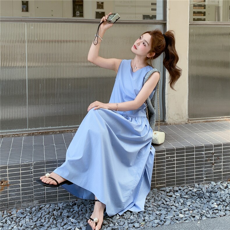 蓝色小清新温柔风无袖连衣裙女夏季2025年新款韩系ootd穿搭背心裙,女装连衣裙,2C159