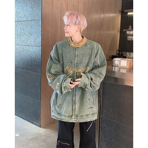 撞色水洗牛仔外套男春秋季美式复古hiphop宽松休闲夹克J86355-p78图片