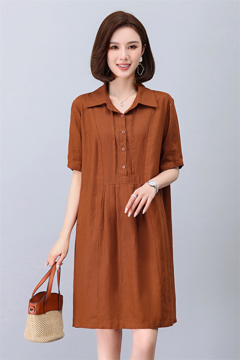 棉麻连衣裙女夏季2024新款大码宽松中年妈妈遮肉显瘦中长款衬衫裙,女装连衣裙,玛其路