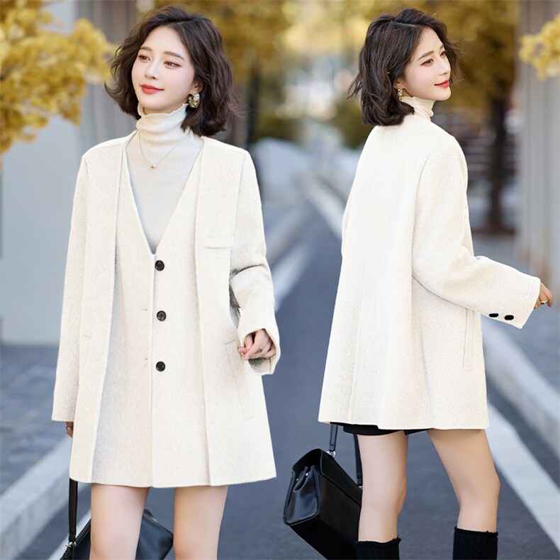 假两件V领双面羊毛外套女秋冬2024新款小个子宽松休闲西装呢大衣,女装毛呢外套,琦鑫阁（原依鑫阁）