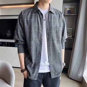 男士高级感衬衫春秋胖子大码宽松上衣服长袖内搭衬衣格子休闲外套图片
