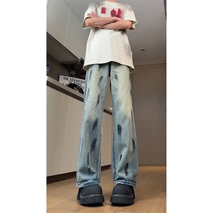 现货 美式高街泼墨做旧牛仔裤男女复古刮烂破洞微喇裤 K5915-P50图片