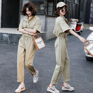 立领连衣裤2021夏装新款简约时尚百搭工装风抽绳收腰显瘦连体裤女,女装连体裤,辉之琳