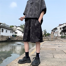量大优供视频新风竹叶印花冰丝短袖短裤套装男TZ2404-特P50，男装休闲套装，电商A028