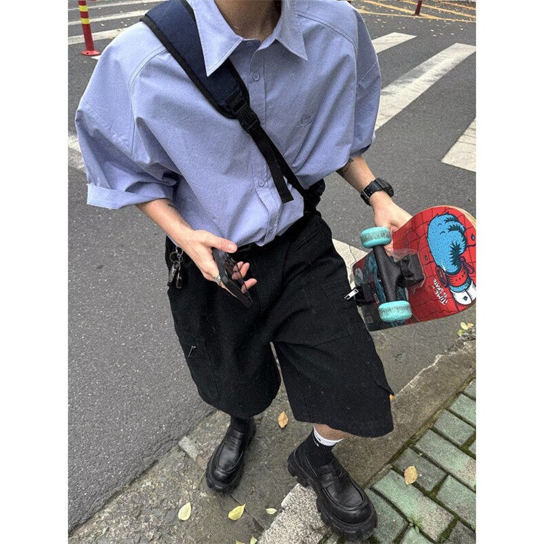 夏季透气五分袖复古卡通刺绣短袖衬衫W393-P38，男装T恤，星座910B