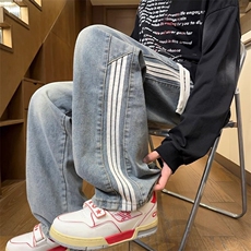 条纹拼接牛仔裤男夏季新款直筒宽松阔腿潮牌裤DA773-P42，男装牛仔裤，星座208-5