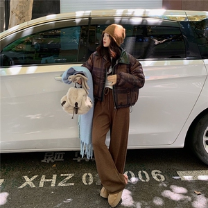 韩版宽松立领格子加厚棉服女装冬季小个子短款保暖面包服棉衣外套图片