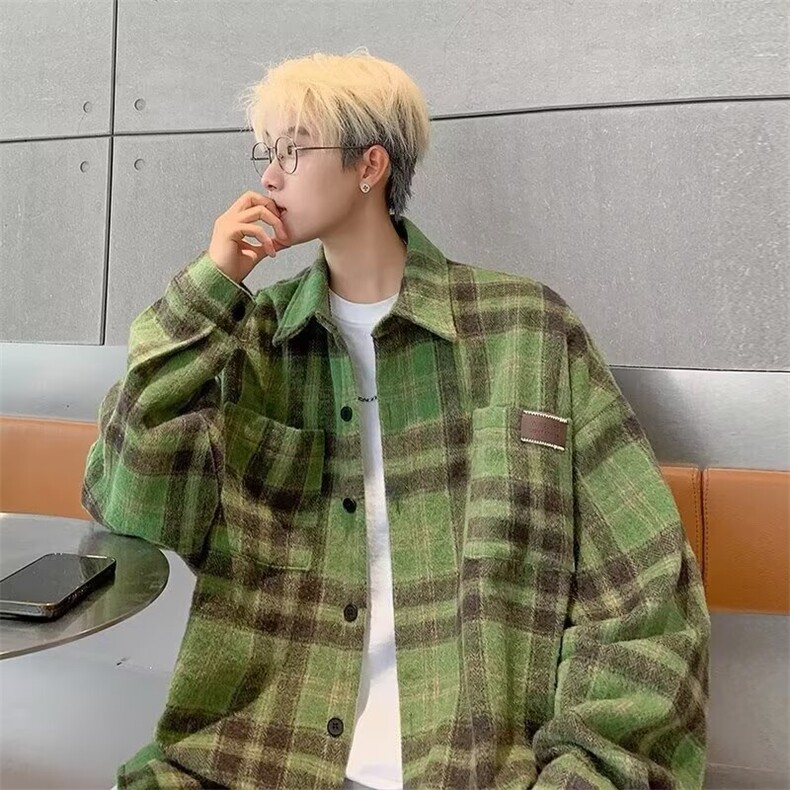 SS34撞色洋气格子磨毛衬衫外套男女新款韩版中长款中性开衫上衣,男装衬衫,星座308A-1（原309B-1）