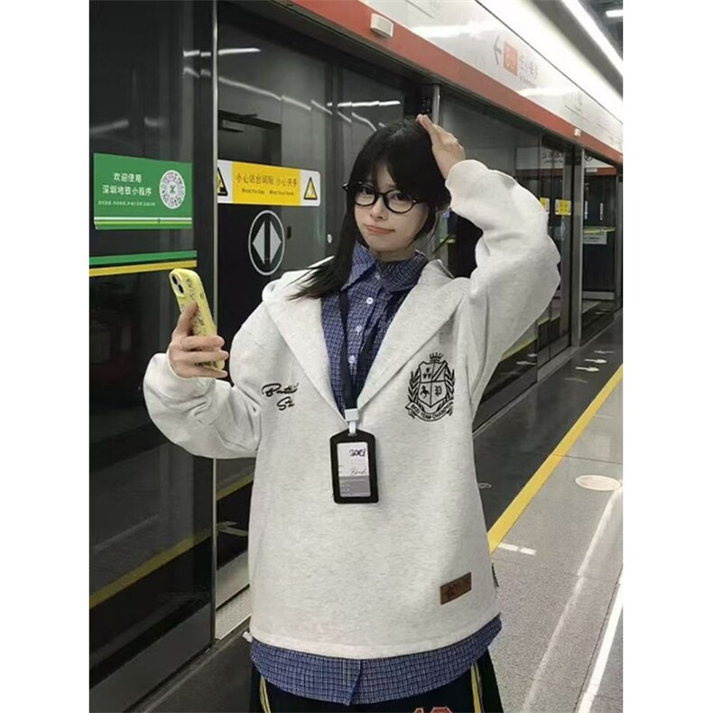 5556-P62原版做工压线+刺绣+广州格子假两件休闲卫衣图片