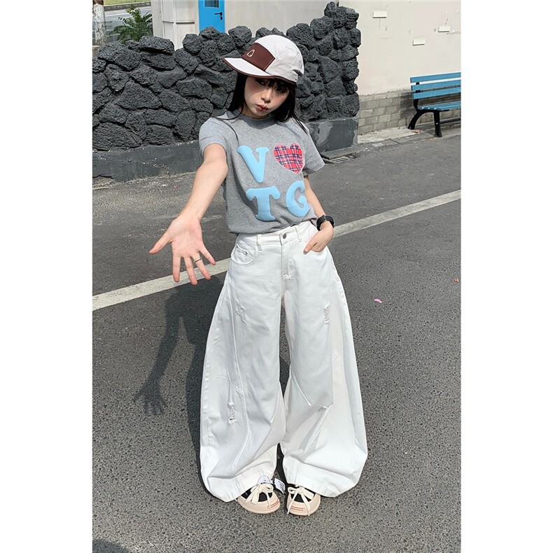 美式阔腿弯刀裤做旧白色磨破拖地裤宽松休闲百搭牛仔裤长裤男女,女装休闲裤,星座1210-1