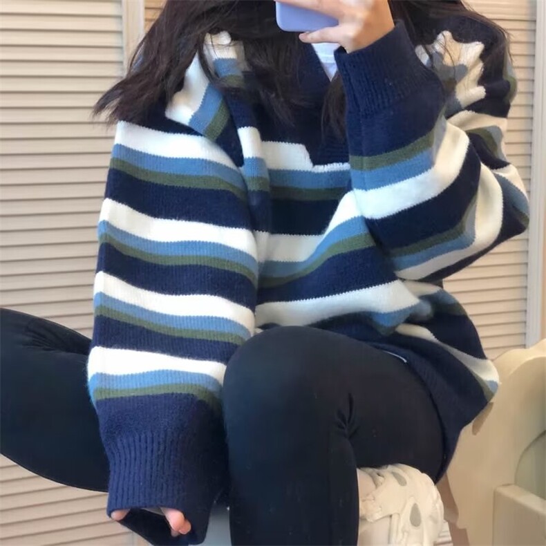 日系拼色条纹V领套头毛衣男女潮牌ins情侣装针织衫宽松秋冬外,男装针织衫/毛衣,星座218-1（原230）
