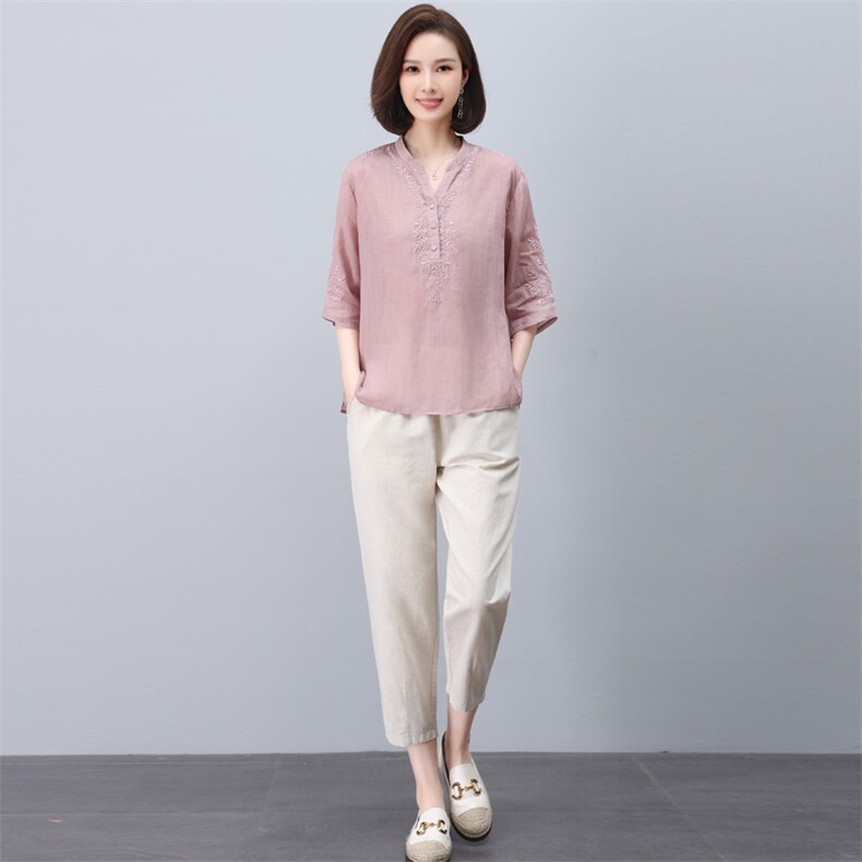 妈妈棉麻衬衫短袖女夏季时尚两件套2024新款中老年洋气阔腿裤套装,女装套装/套裙,希欧阁