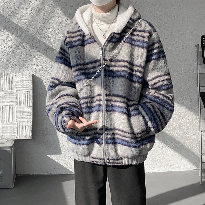 秋冬款格子款羊羔毛棉服加绒连帽加厚外套A071-5024-P118,男装棉衣,电商A071