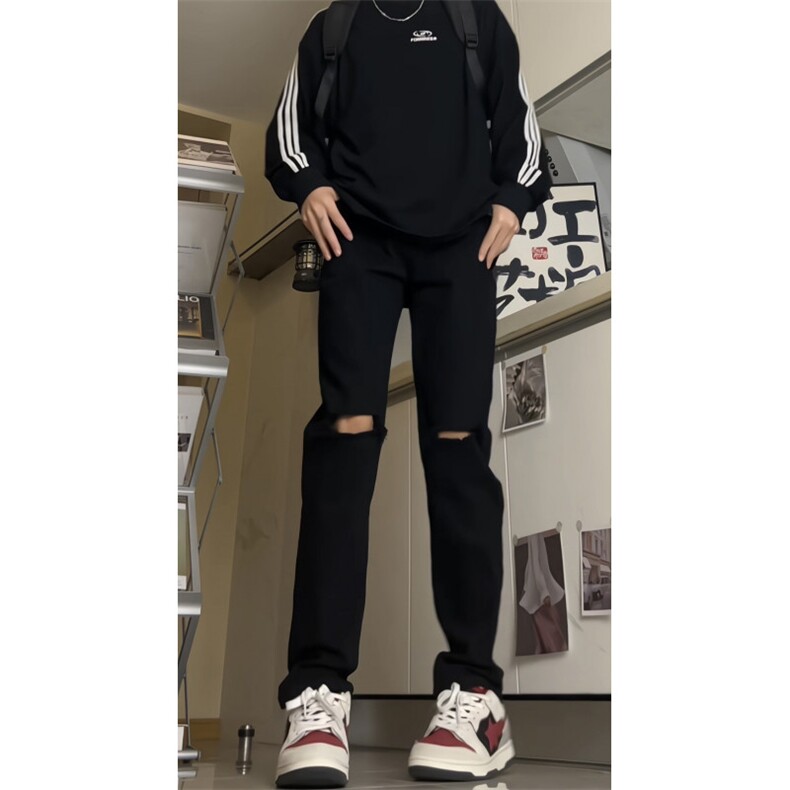 破洞牛仔裤男款春秋季美式高街潮牌cleanfit弹力修身显瘦小脚裤子,男装牛仔裤,电商D256-1(原A064-1)