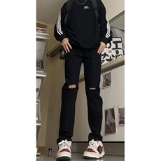 破洞牛仔裤男款春秋季美式高街潮牌cleanfit弹力修身显瘦小脚裤子，男装牛仔裤，电商D256-1(原A064-1)