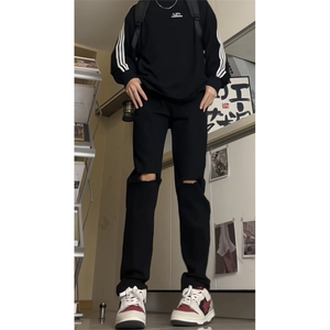 破洞牛仔裤男款春秋季美式高街潮牌cleanfit弹力修身显瘦小脚裤子图片