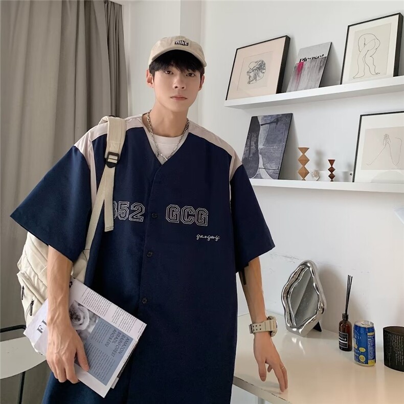 棒球衬衫夏季宽松美式ins短袖衬衣男潮V领休闲字母印花C646,男装衬衫,星座1116A-1（原606A）