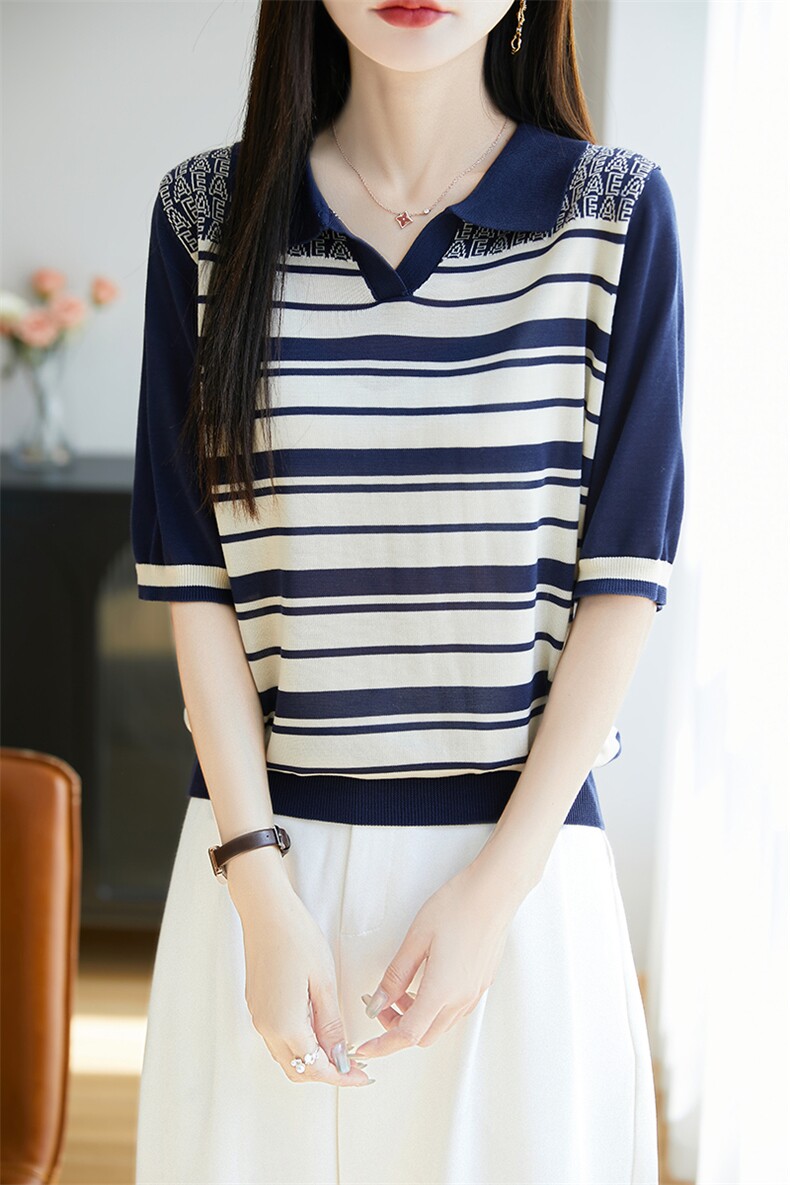 夏季100%莱赛尔天丝针织短袖T恤女polo领条纹上衣宽松半袖打底衫,针织衫/毛衣,唐诺