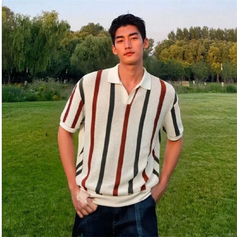 夏季条纹撞色翻领短袖t恤男士潮牌个性时尚休闲针织polo衫上衣服,男装T恤,星座506A