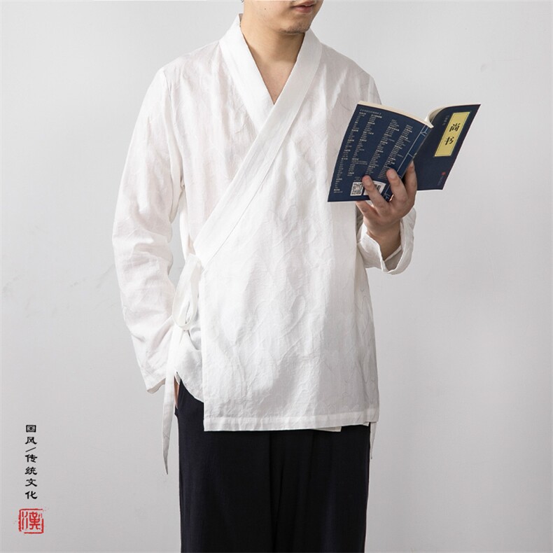 秋装新款提花男士斜襟改良长袖汉服道袍C205P70,男装民族服装,钱塘802