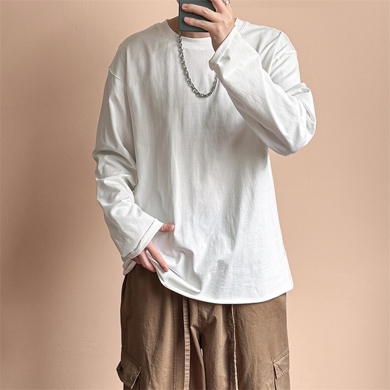 现货-全棉质感毛边长袖T恤男宽松休闲潮牌设计感上衣AT2512-P40,男装T恤,电商A351