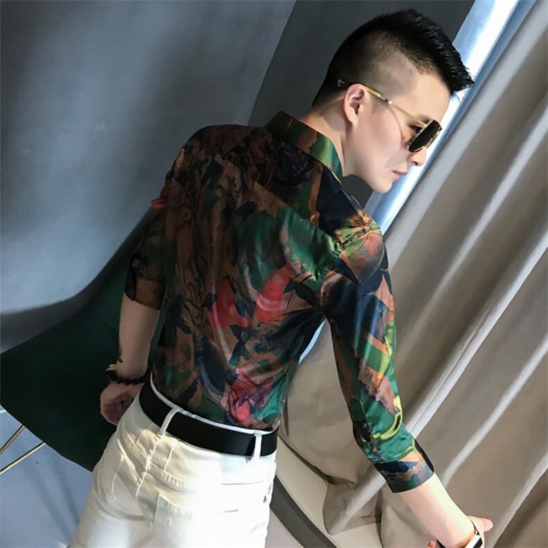 夏季男士七分袖印花衬衫男休闲修身碎花衬衣A236-352-P55,男装衬衫,电商A236
