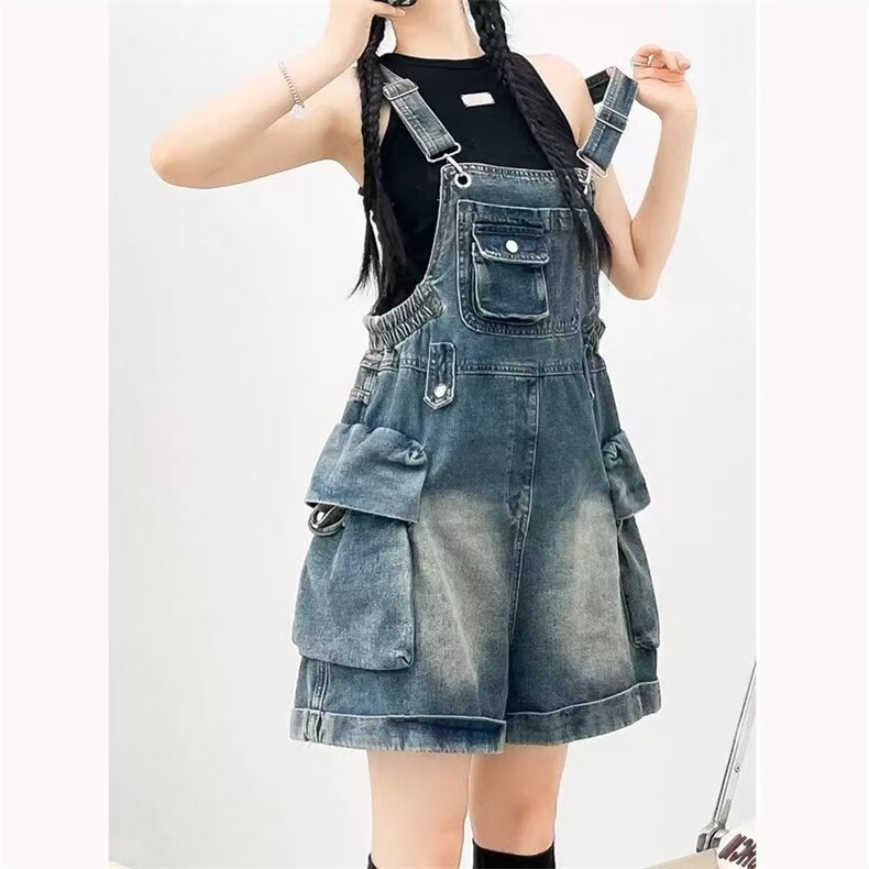 美式复古牛仔工装背带裤女时尚减龄设计感宽松显瘦阔腿连体短裤潮,女装休闲裤,星座1210-1