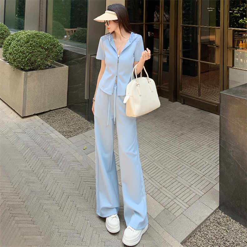 少女感休闲时尚运动套装女夏季洋气显瘦修身卫衣高腰阔腿裤两件套,女装套装/套裙,江南