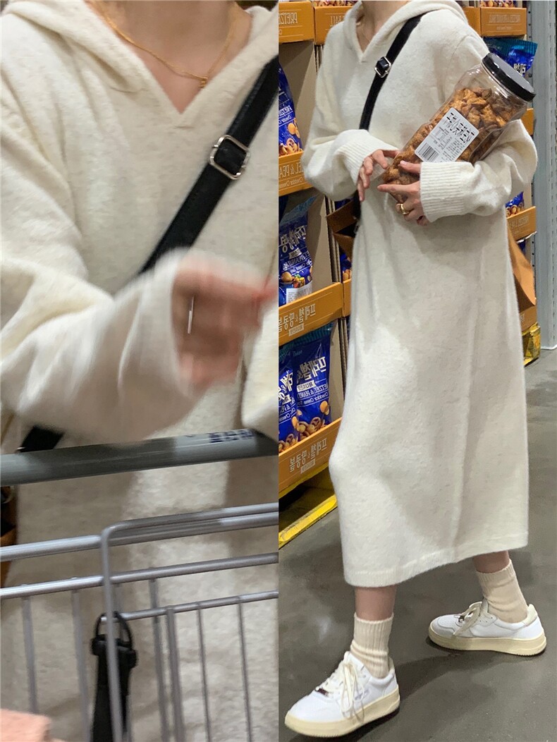 连衣裙女秋冬2024秋冬款连帽洋气慵懒宽松软糯针织裙,女装连衣裙,思途羊绒